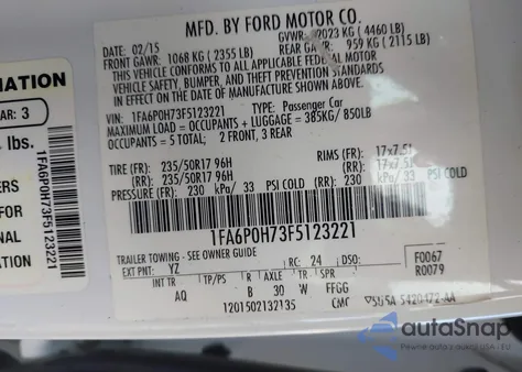 2015 Ford Fusion z USA, uszkodzony, nr VIN 1FA6P0H73F5123221